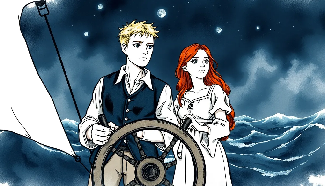 Le capitaine Édouard et Isabelle à la barre du navire, confrontés à la mer agitée et aux vents puissants