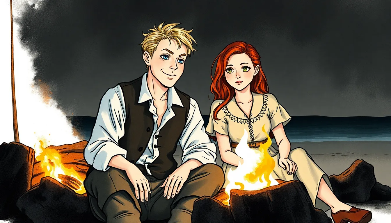 Édouard et Isabelle autour d'un feu de camp sur la plage nocturne
