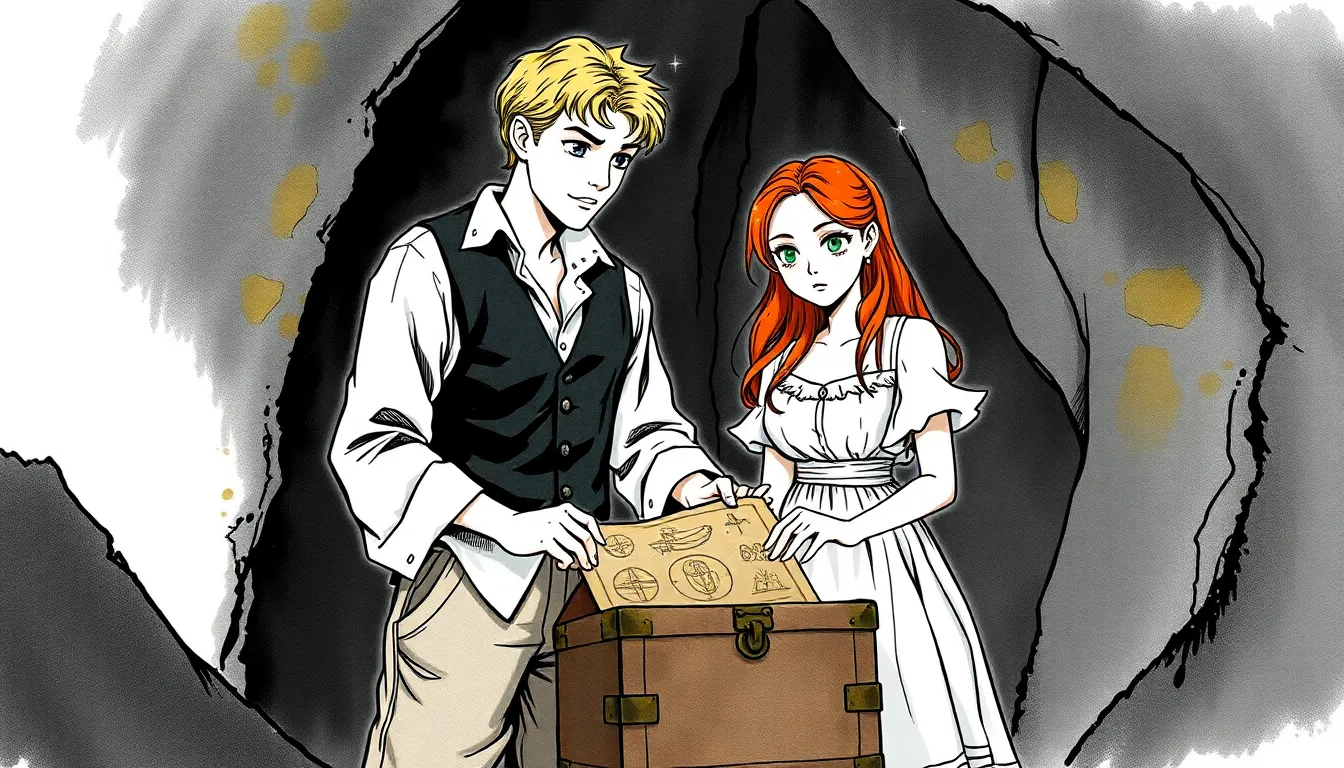 Édouard et Isabelle découvrant un coffre ancien dans une grotte éclairée par une lumière tamisée