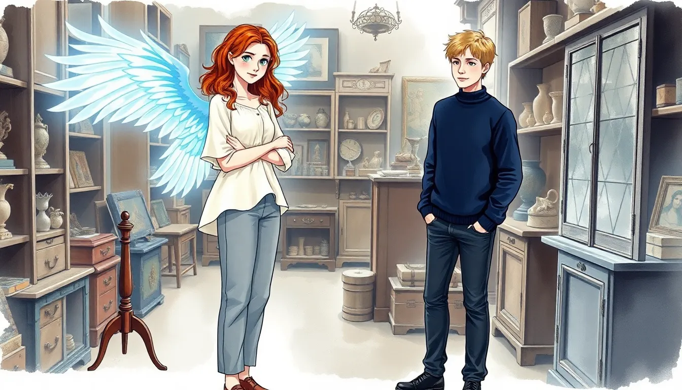 Éloïse découvre des ailes lumineuses dans une boutique d'antiquités, accompagnée d'Adrien