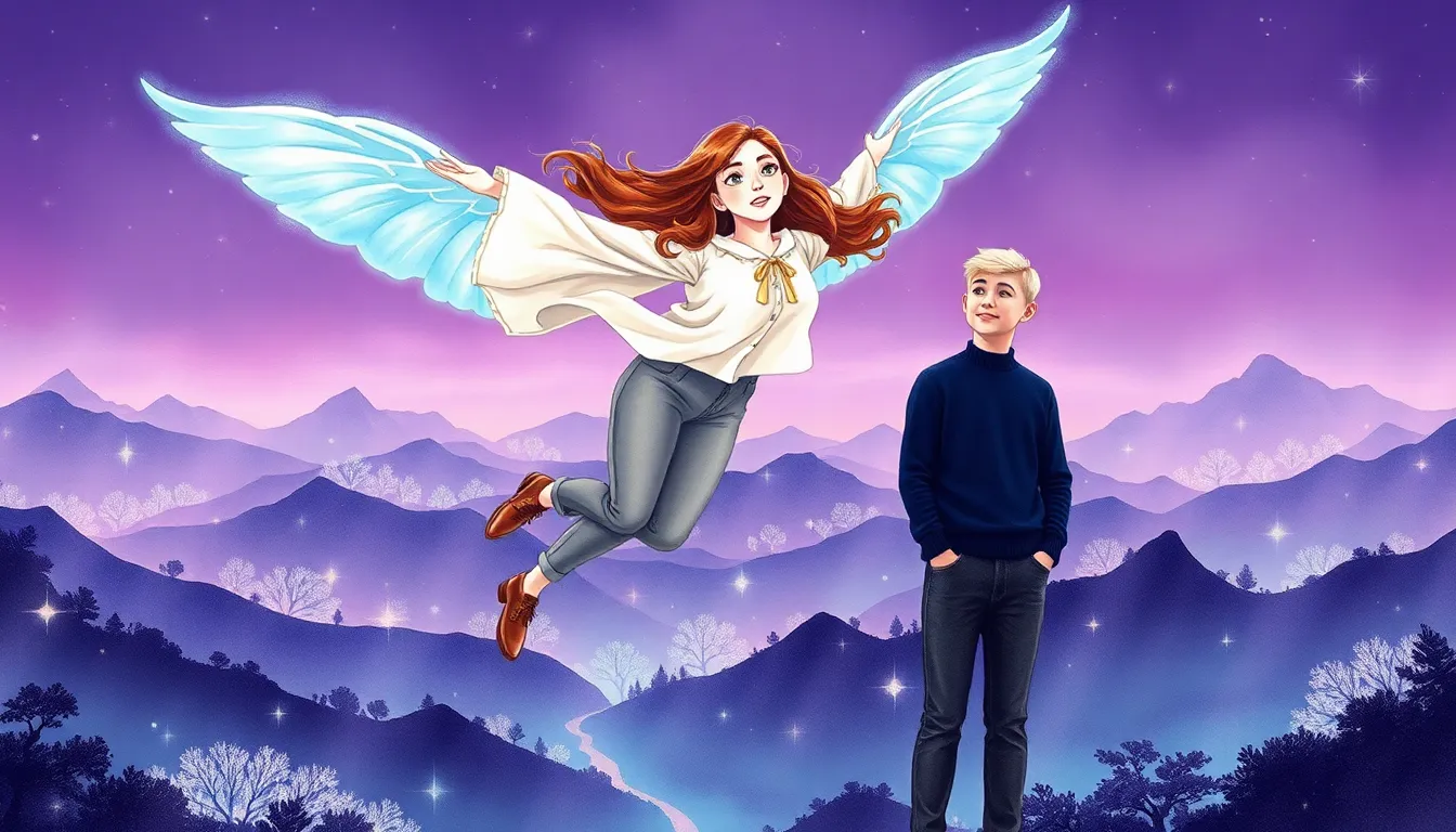 Éloïse s'envolant avec des ailes magiques au-dessus d'un paysage onirique fantastique, sous un ciel violetté