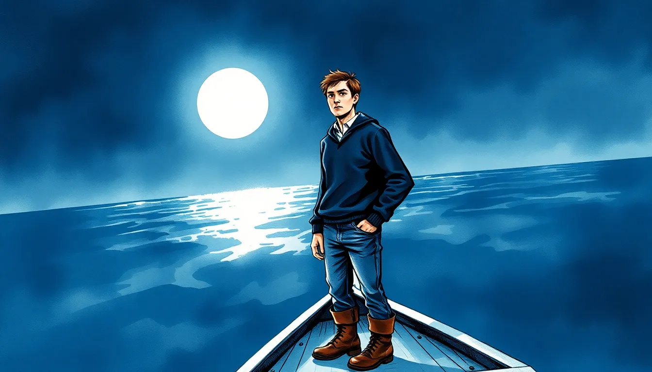 Adrien sur le pont de son bateau, regardant l'océan sous le clair de lune