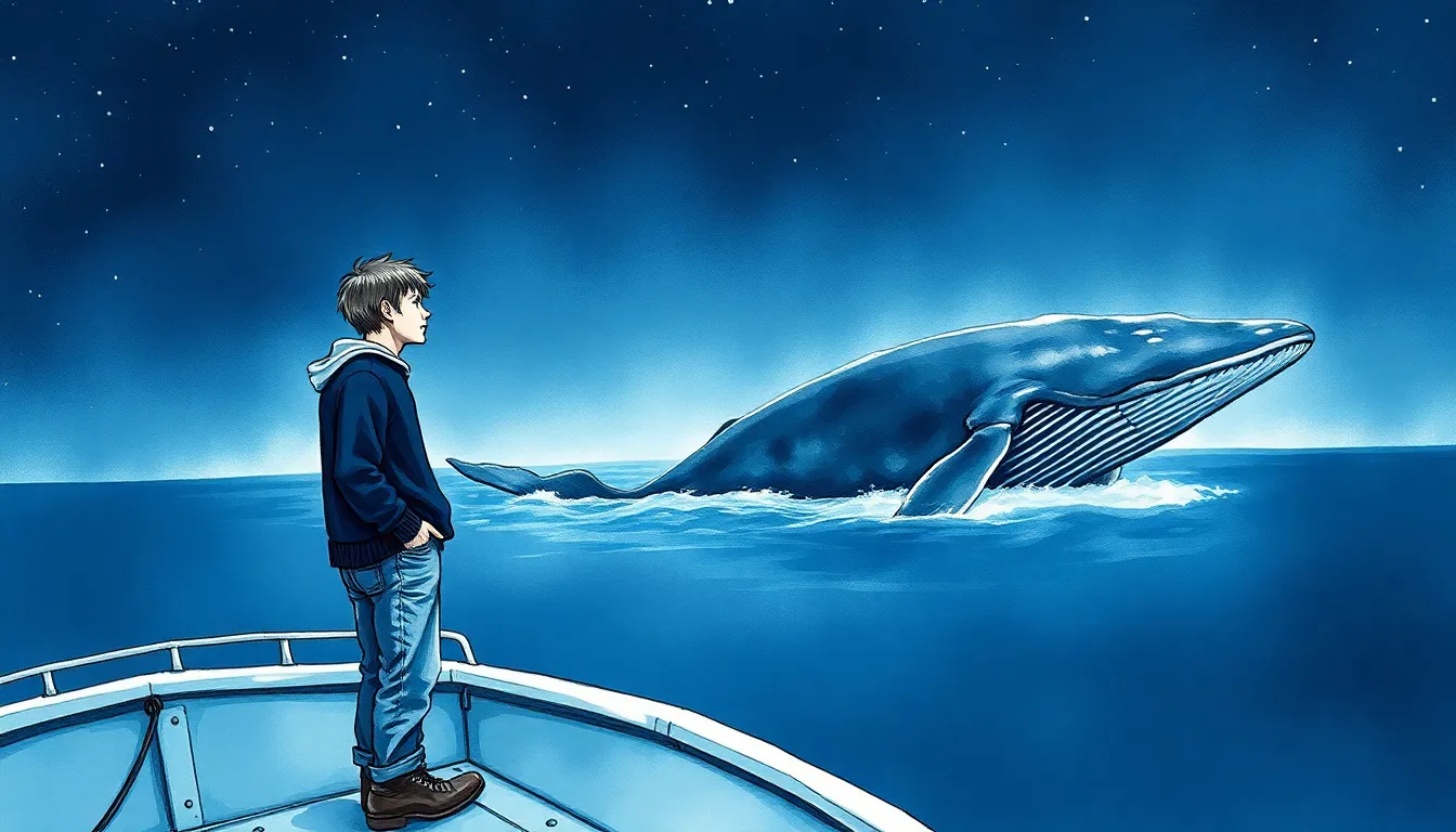 Adrien contemplant une baleine bleue majestueuse au clair de lune