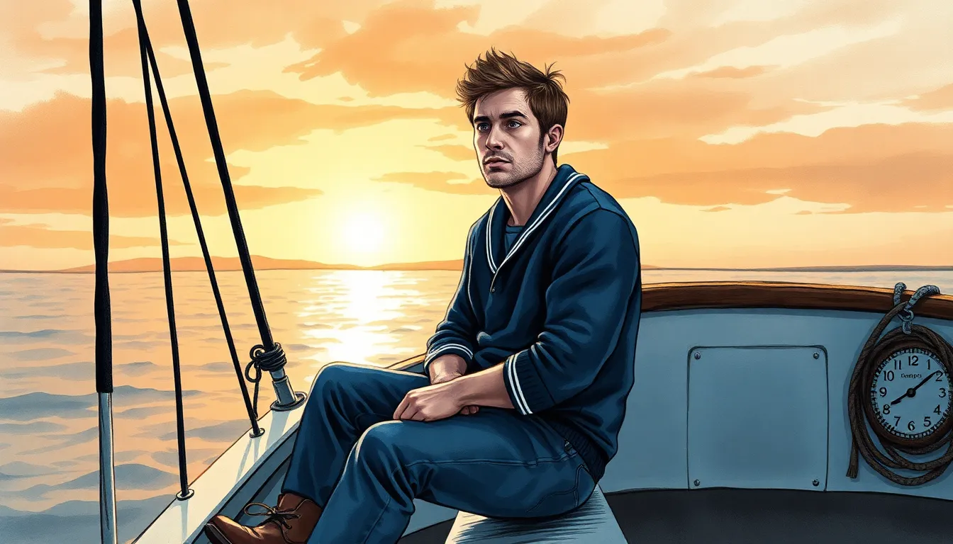 Adrien contemplant la mer au lever du soleil, assis sur le pont de son bateau