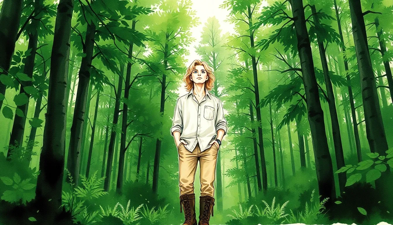 Antoine dans une forêt dense et vibrante, regardant la nature avec émerveillement