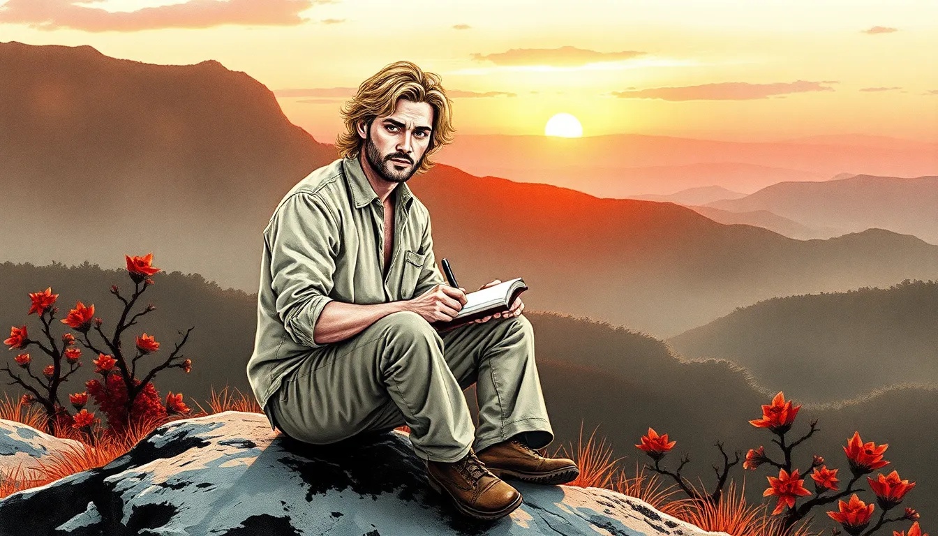 Antoine contemplant le paysage naturel au coucher du soleil, écrivant dans son carnet, expression déterminée et inspirée