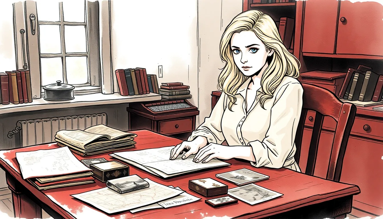 Illustration de Sophie absorbée dans la lecture de documents anciens