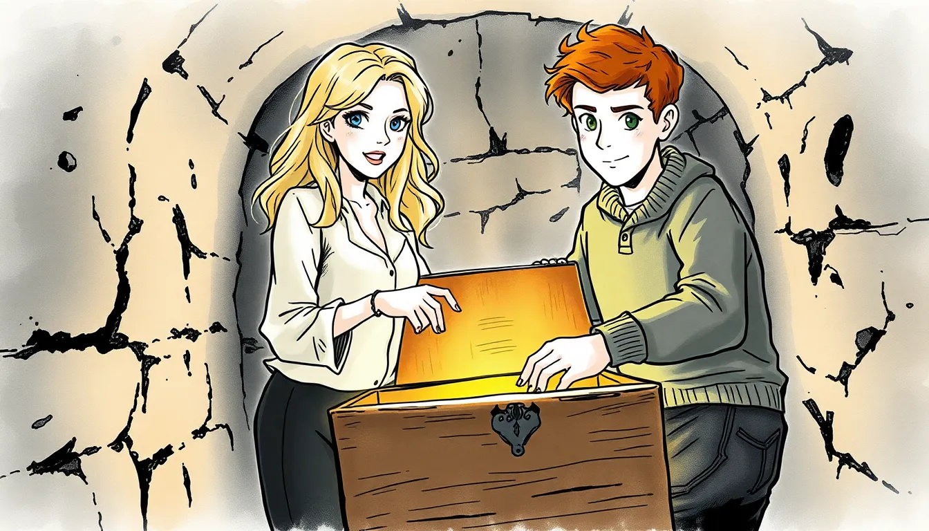 Sophie et Marc découvrent le trésor familial dans une vieille cave, émerveillés et fiers