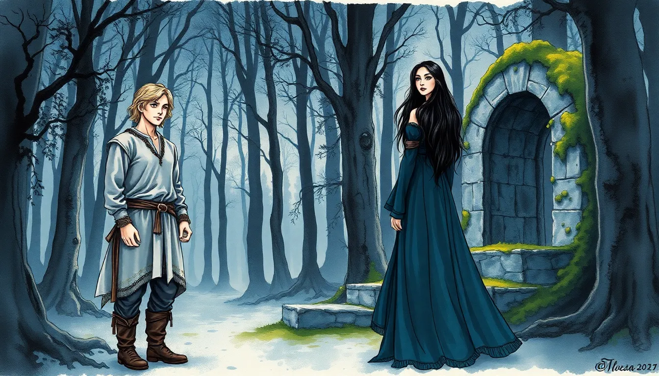 Illustration d'Armand et Élysia dans la forêt enchantée devant un sanctuaire ancien