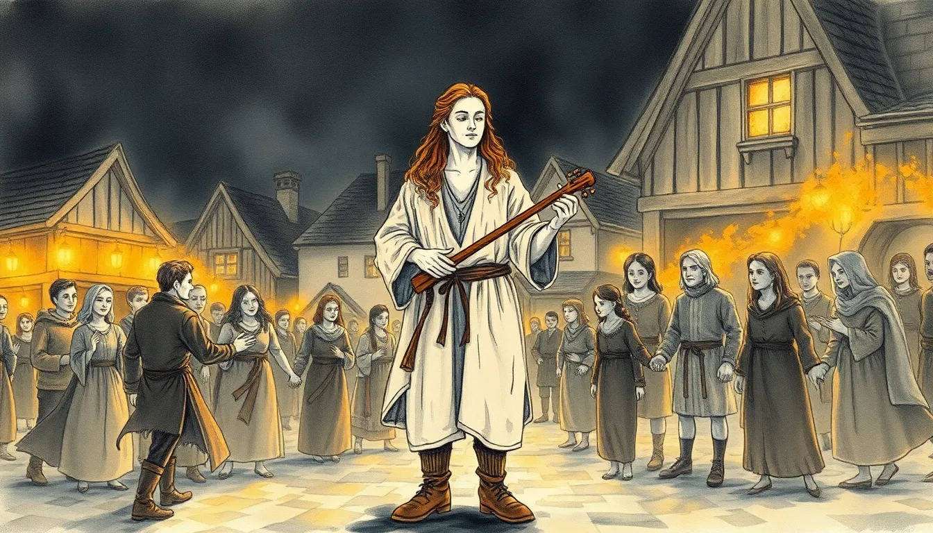 Esprits lumineux tourbillonnant autour du village, célébrant l'union des âmes et des vivants