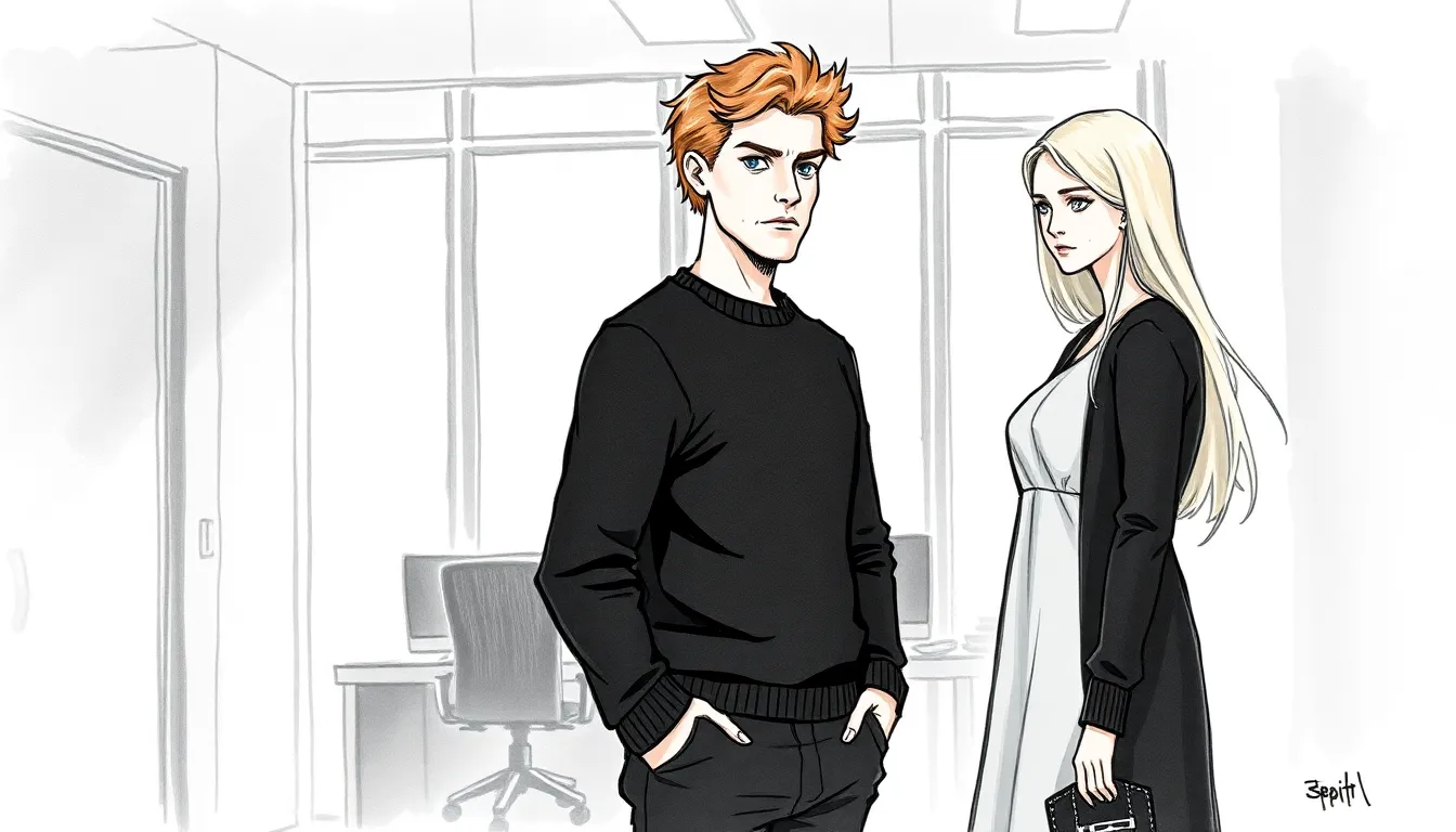 Alexandre confronté à Elise dans un bureau urbain, illustration en style encre et lavis