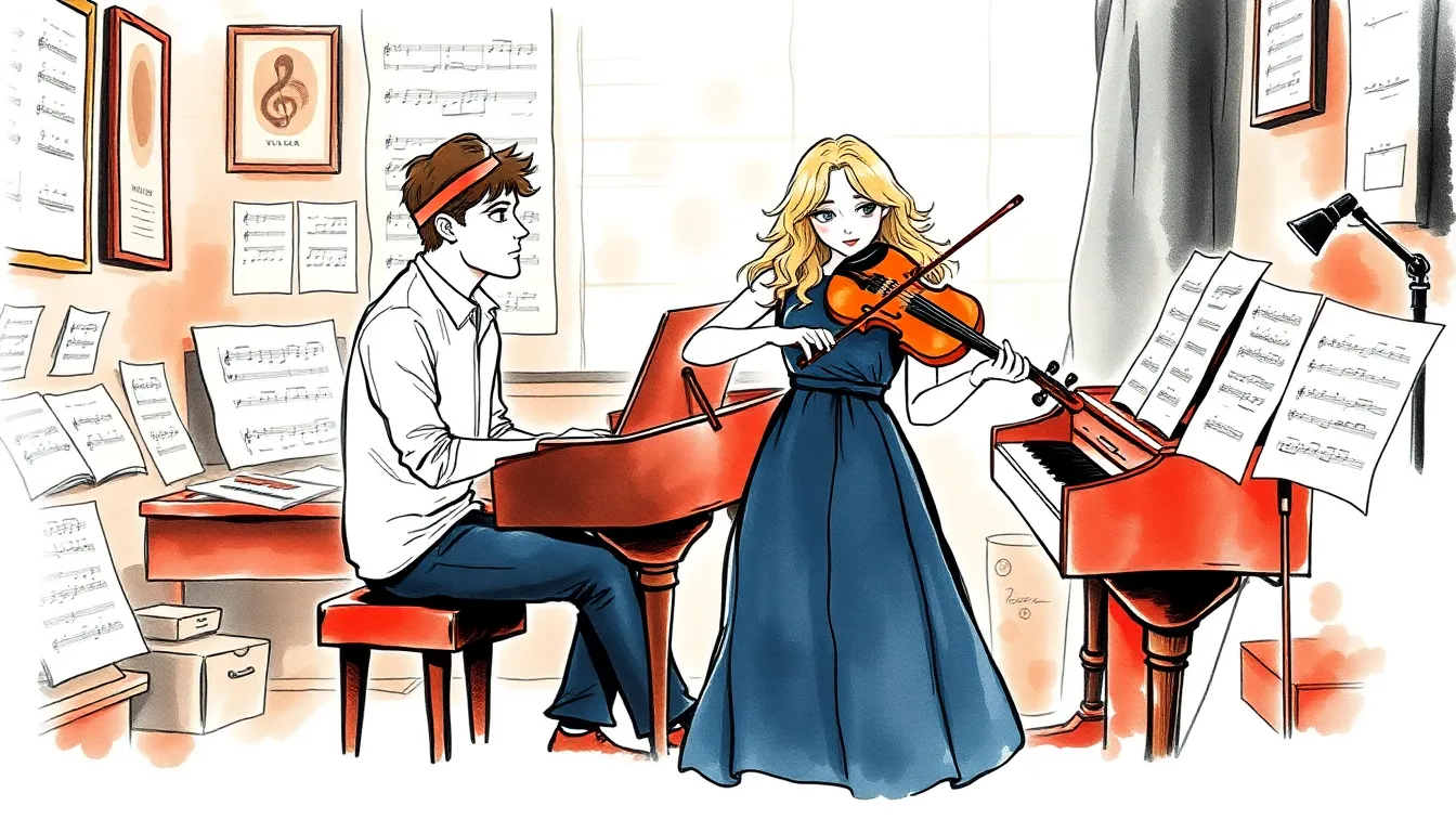 Noah et Clara composant ensemble, fusionnant piano et violon