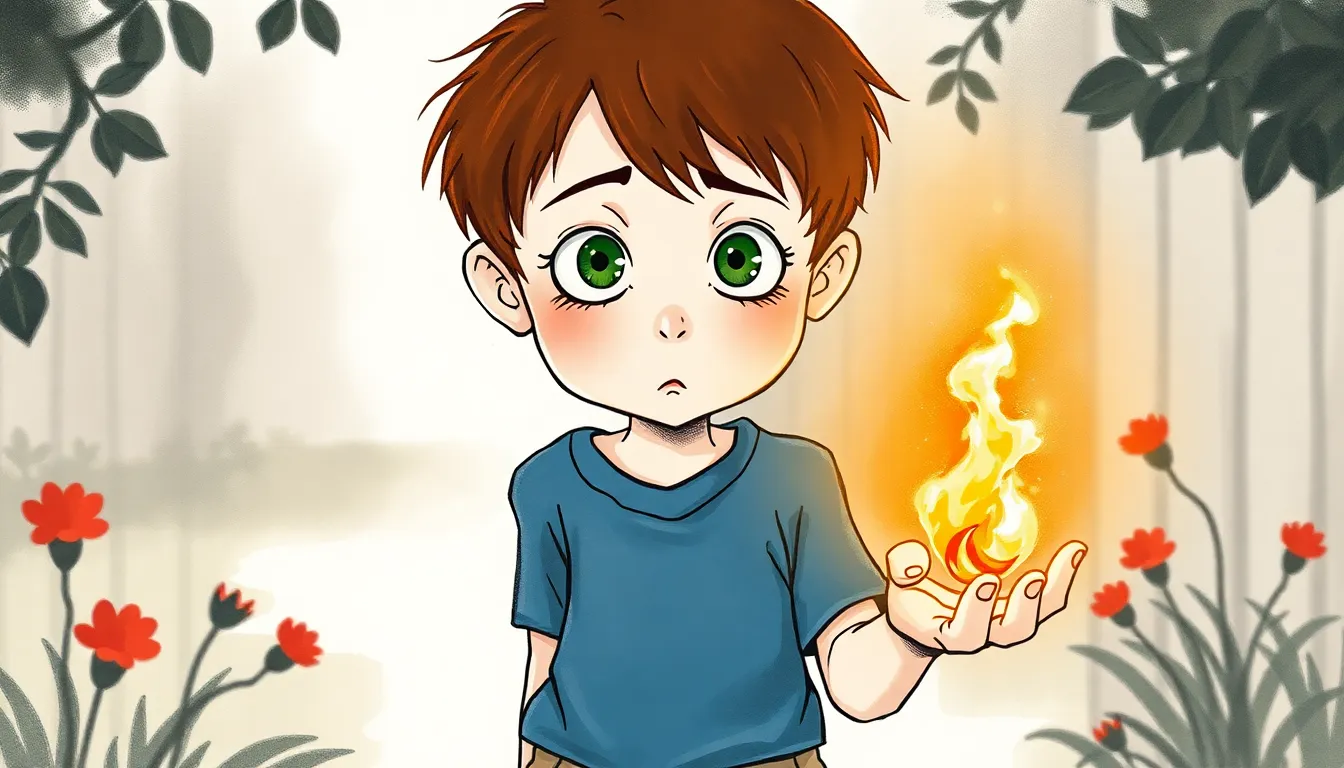Lucas découvre son pouvoir de manipuler le feu dans son jardin