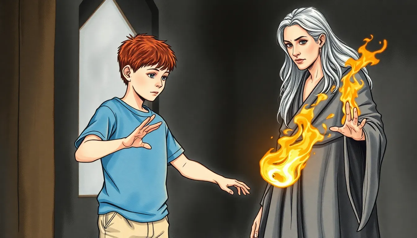 Lucas pratiquant le contrôle du feu avec Mme Delacroix