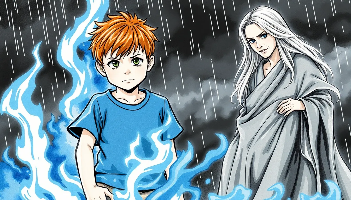 Lucas concentré au milieu d'une tempête, maîtrisant difficilement ses flammes bleues