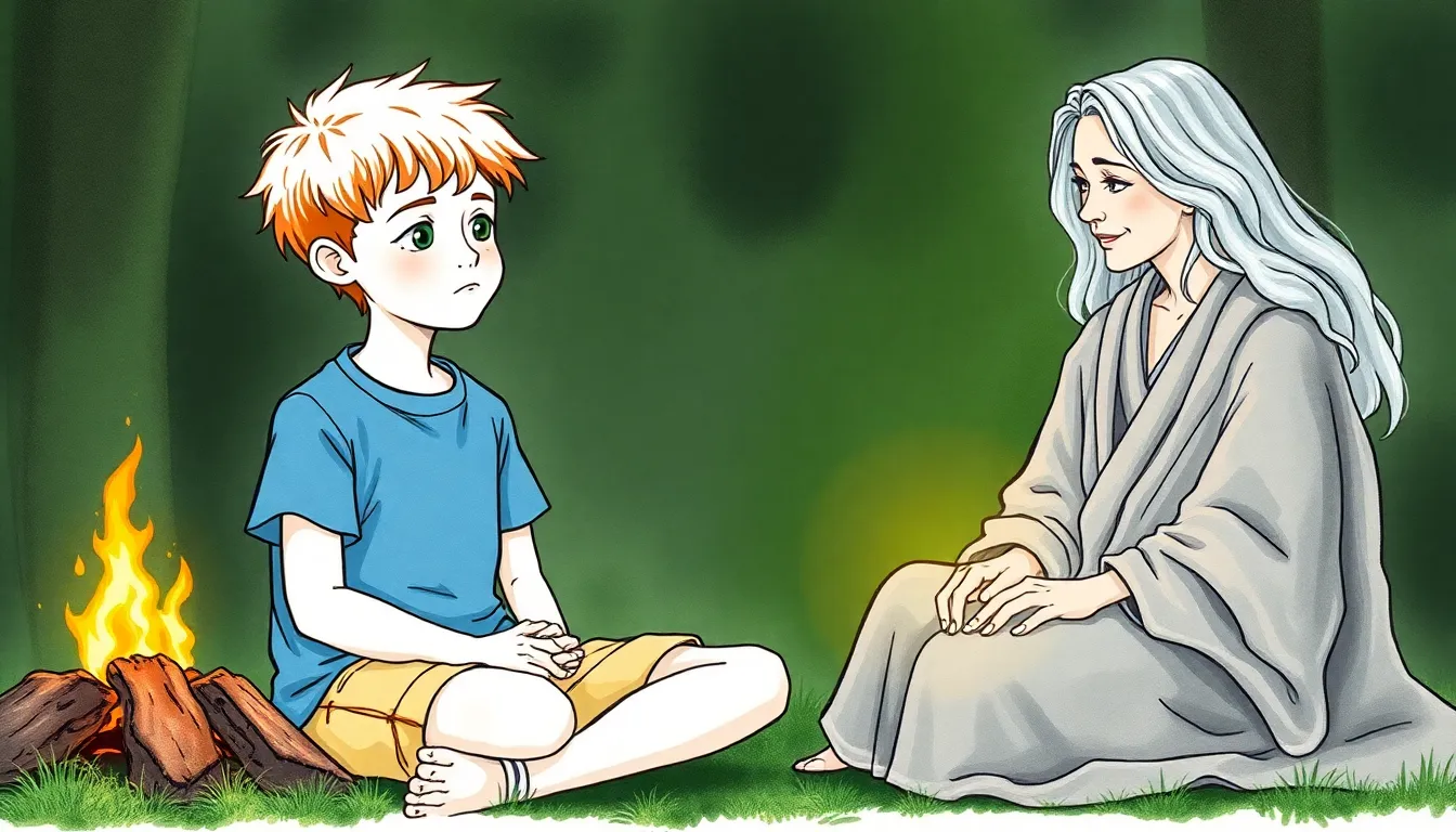 Lucas et Mme Delacroix au coin du feu, partageant un moment de sagesse et d'espoir