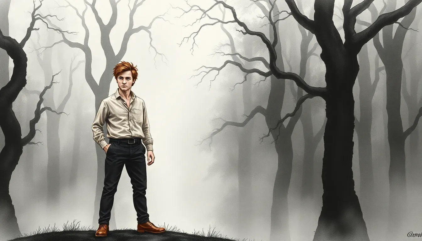 Illustration d'Antoine au bord de la forêt enveloppée de brume