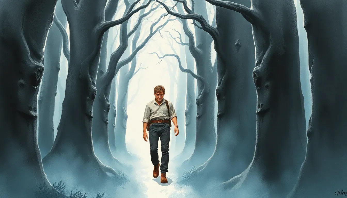 Illustration de l'exploration d'Antoine dans la forêt brumeuse