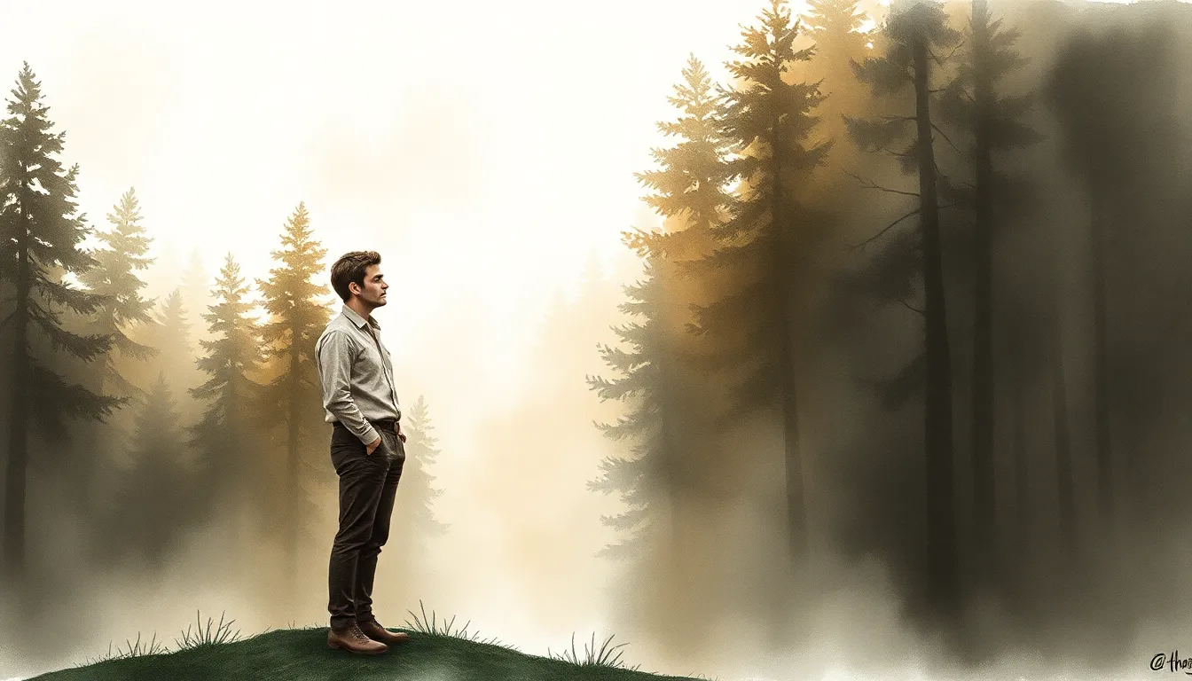 Illustration du retour d'Antoine dans la forêt brumeuse, la lumière dorée filtrant à travers la fraîche clarté