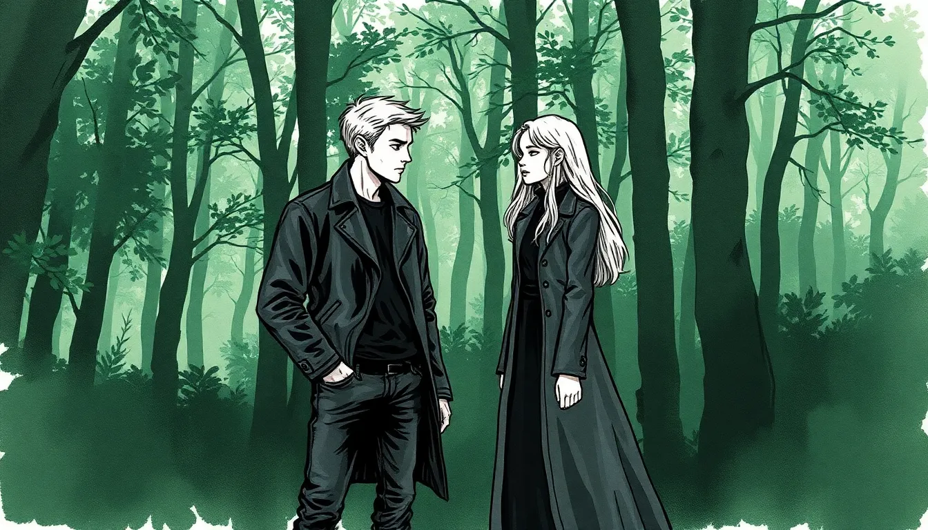 Illustration d'Alexandre rencontrant Elise dans la forêt des ombres