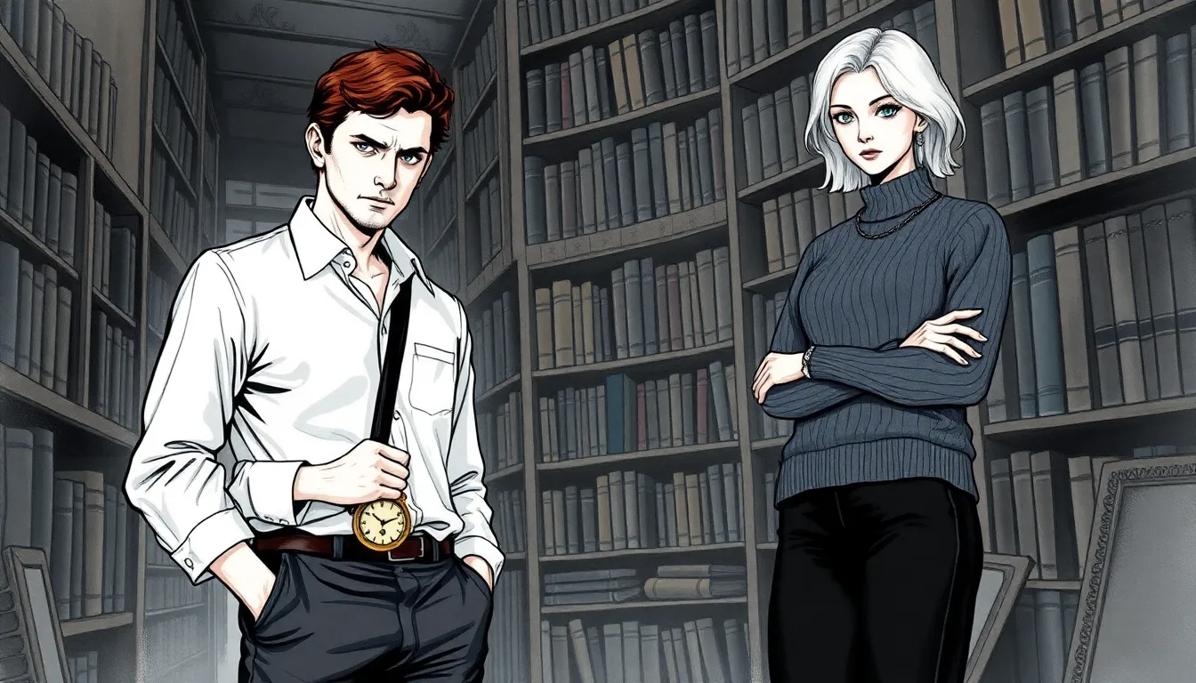 Illustration du chapitre 1 : Alexandre Leblanc et Élise Moreau dans une vieille bibliothèque