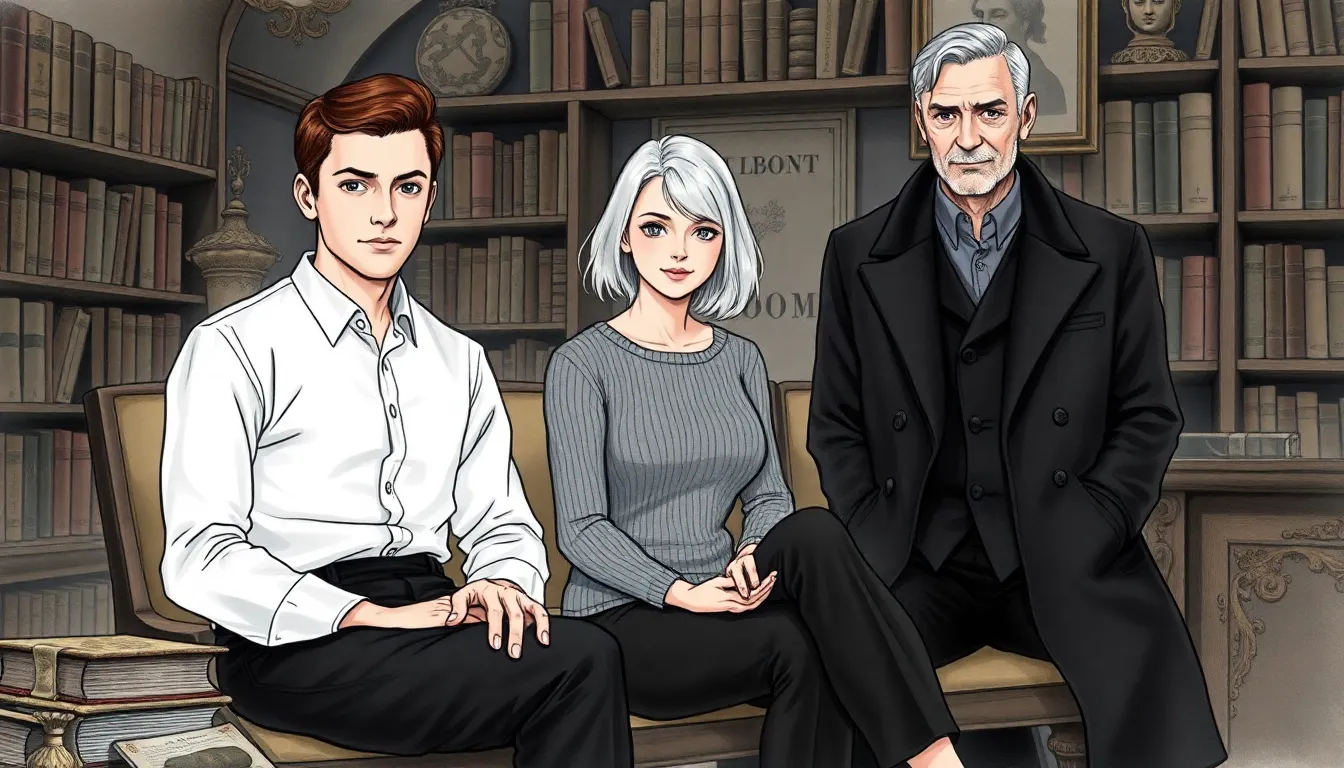 Alexandre, Élise et Hugo dans une pièce éclairée doucement entourés de livres anciens et d'artefacts, reflet de leur héritage de gardiens.