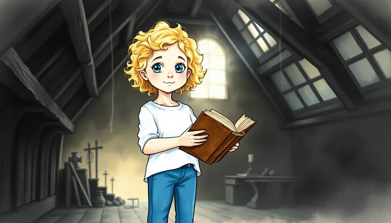 Éloïse découvre un ancien livre dans le grenier, éclatant de curiosité et d’émerveillement