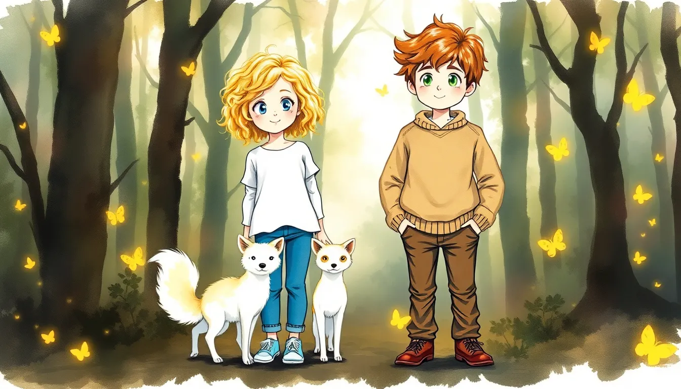 Illustration des aventures magiques d'Éloïse et Léon avec le renard Lume dans une forêt onirique