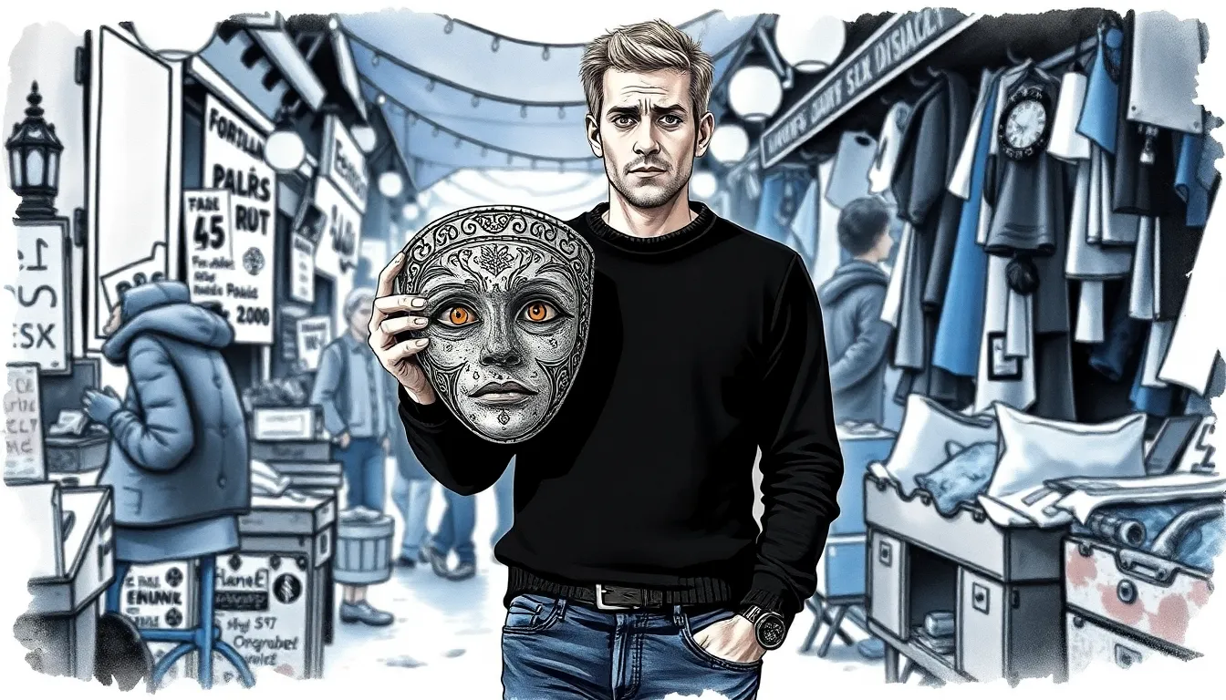 Antoine découvre un masque ancien et mystérieux dans un marché aux puces parisien