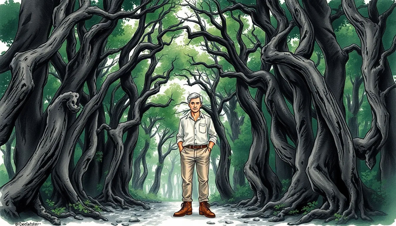 Antoine à l'orée de la Forêt des Chuchotements, émerveillé et intrigué