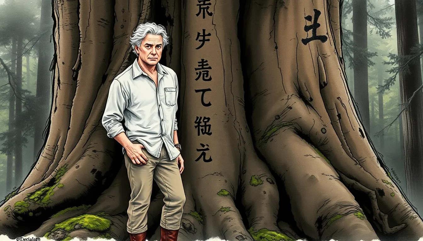 Illustration d'Antoine à côté d'un arbre millénaire aux symboles mystérieux