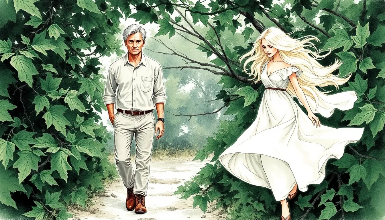 Antoine et Élodie marchant sur un sentier caché au cœur de la forêt, entourés de feuillages bruissants