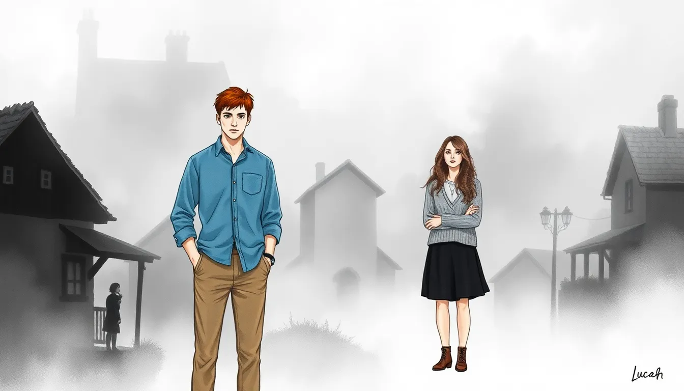 Village contemporain enveloppé de brouillard épais, Lucas et Emma observant l'épais brouillard