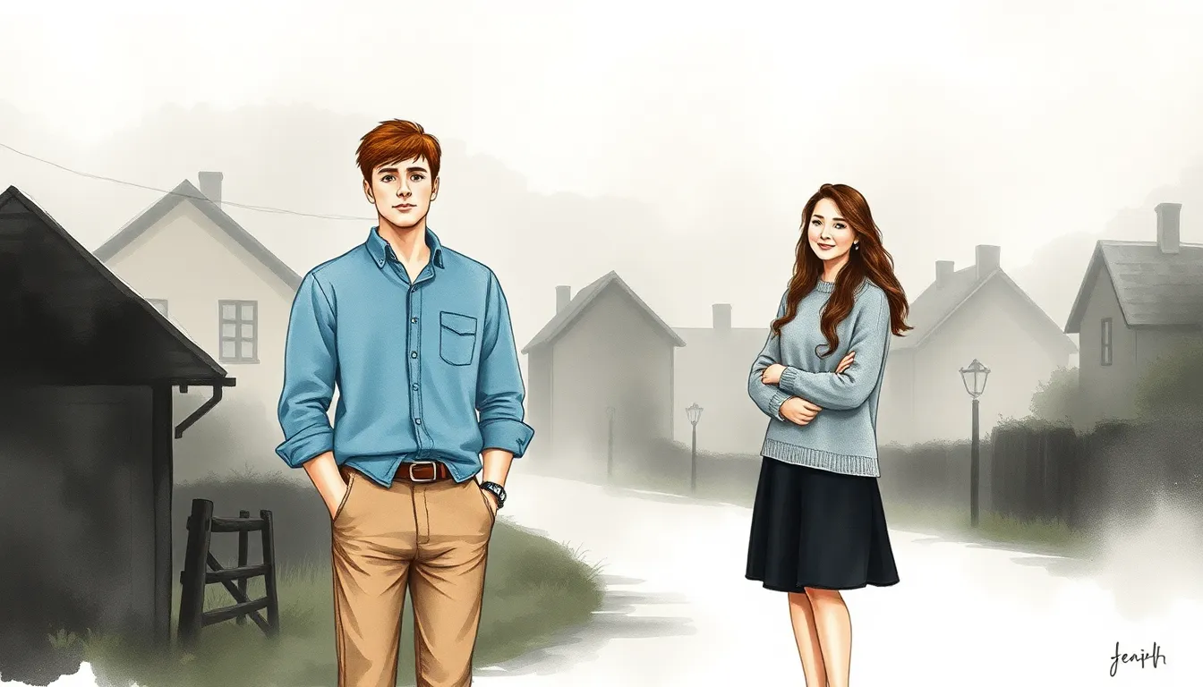 Illustration du village au petit matin, le brouillard se dissipant doucement, Lucas et Emma en réflexion
