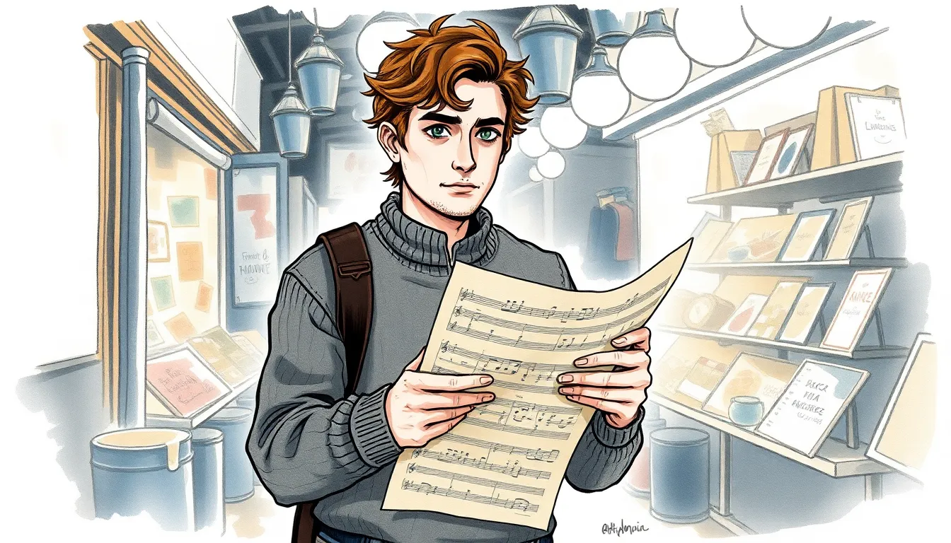 Antoine tenant une vieille partition dans un marché sombre
