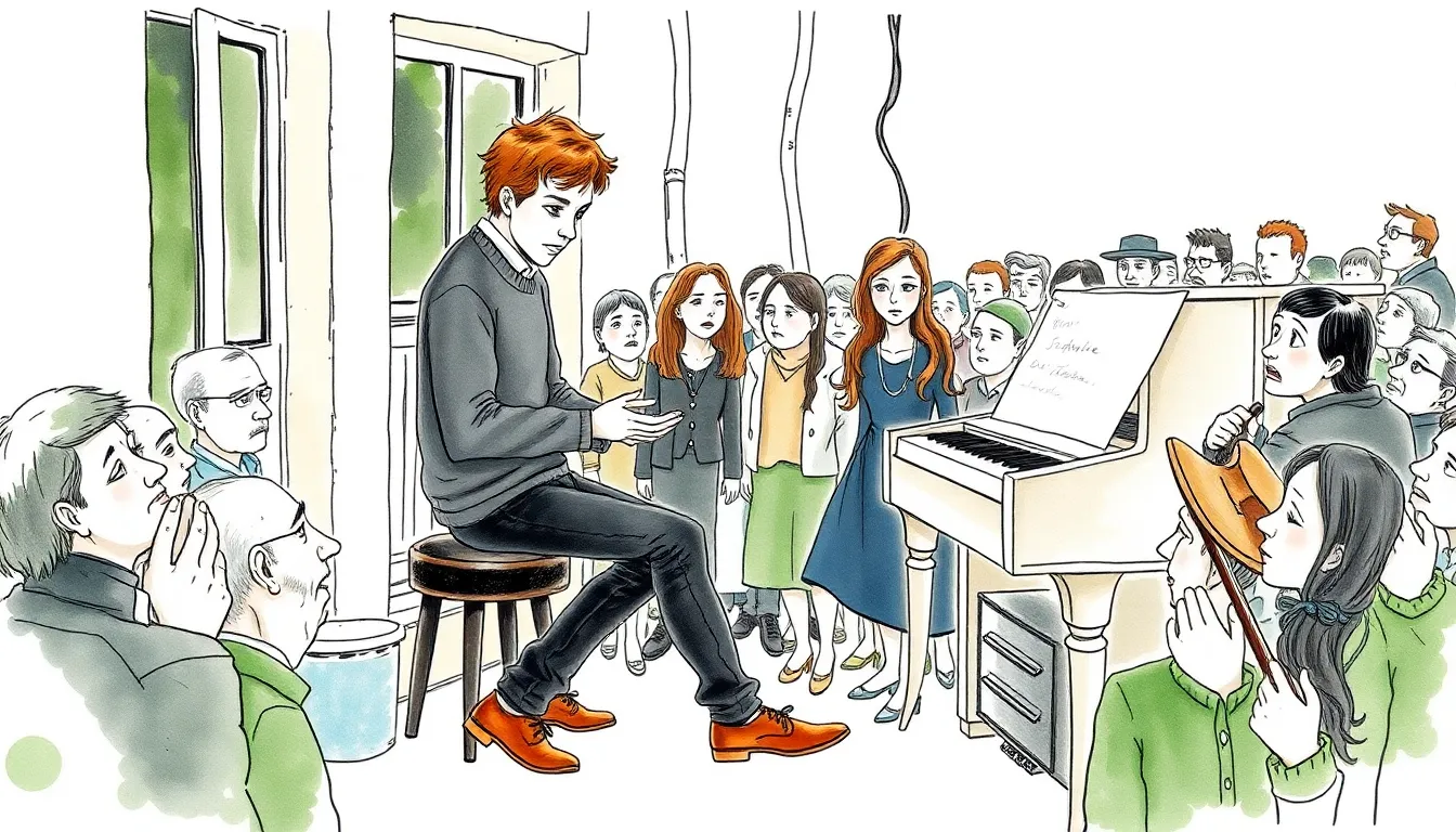 Antoine jouant passionnément du piano entouré d'une foule devant son appartement