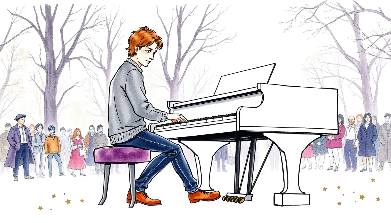 Concert en plein air avec Antoine jouant du piano et Élise à ses côtés, public ému et inspiré dans un parc