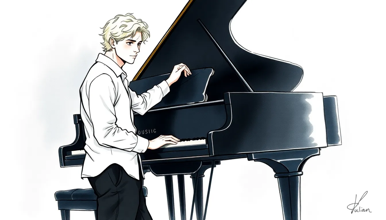 Julian ressentant les vibrations du piano, expression mélancolique et émerveillée