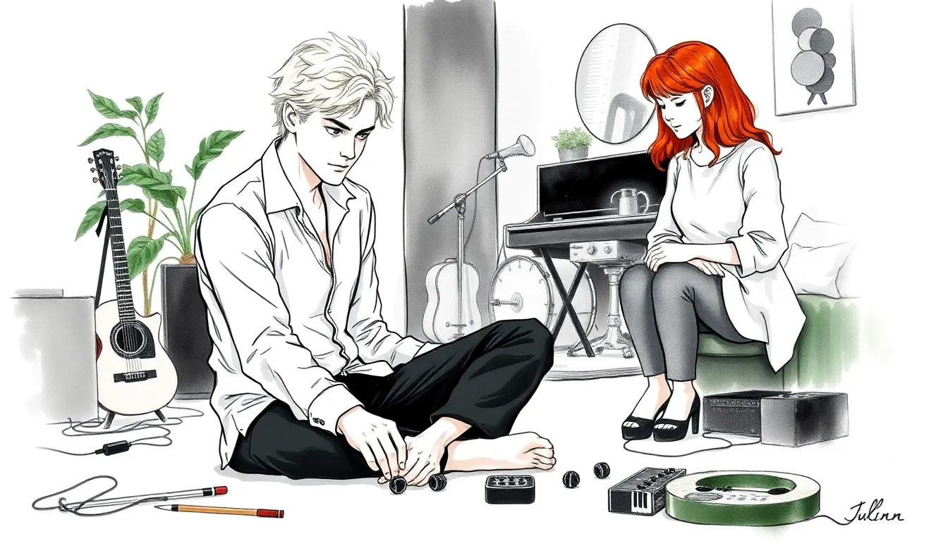 Julian expérimentant avec des objets vibrants dans son appartement contemporain. Alice l'observe et l'encourage.