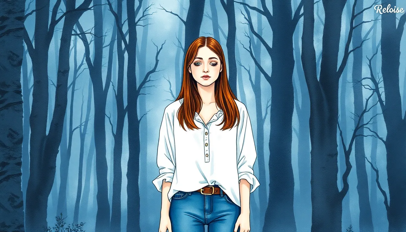 Éloïse entourée d'arbres murmurants éclairés par une lumière éthérée