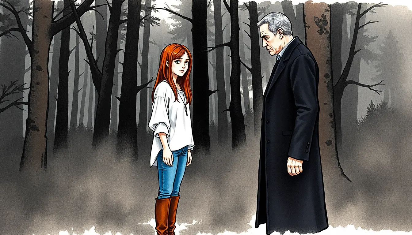 Illustration de la rencontre entre Éloïse et Lucien dans une clairière ombragée de la forêt