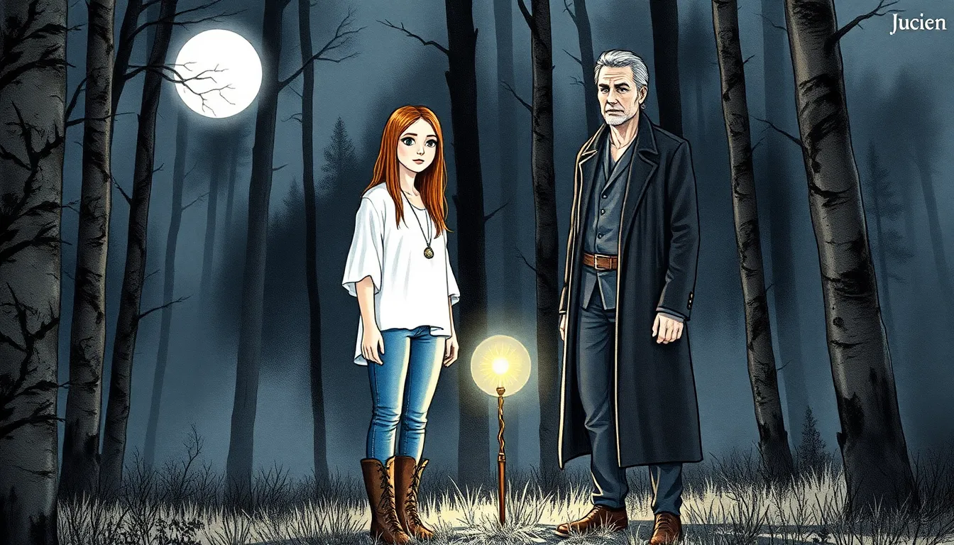 Éloïse et Lucien découvrant un artefact ancien sous la lumière de la lune dans la forêt sacrée