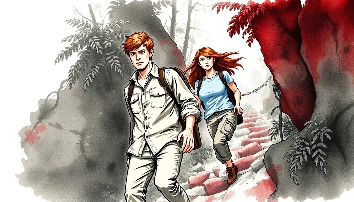 Alexandre et Élise gravissant un sentier escarpé dans la jungle dense