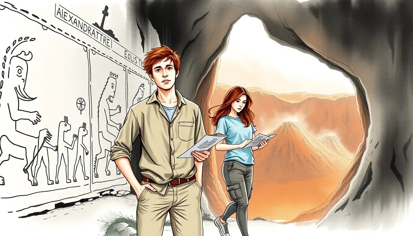 Alexandre et Élise découvrant des fresques anciennes dans une caverne volcanique