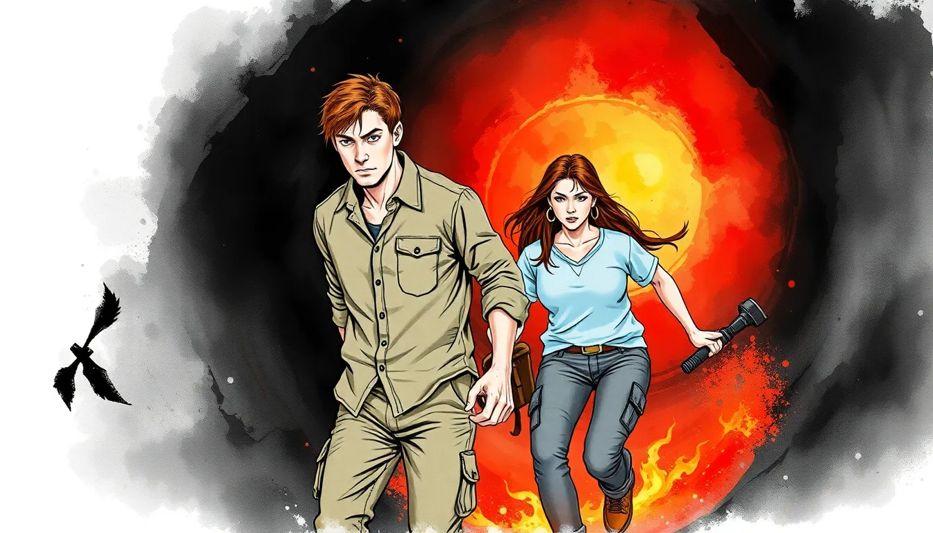 Alexandre et Élise dans un tunnel volcanique, entourés de cendres et de flammes