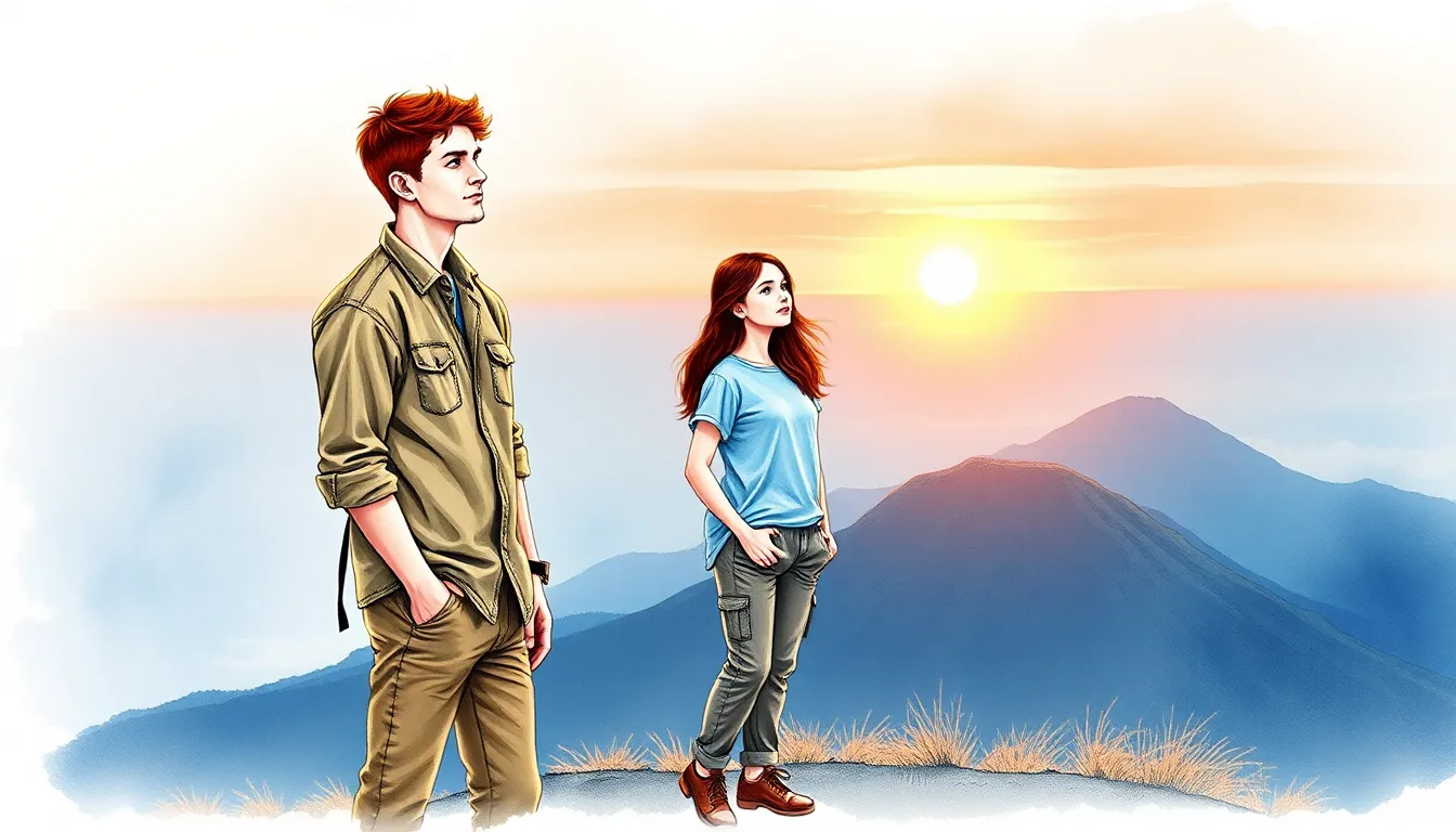 Alexandre et Élise au sommet du volcan au lever du soleil, contemplant l'horizon avec espoir