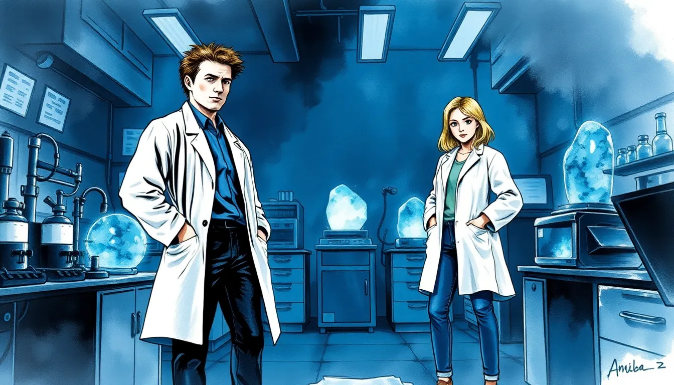 Découverte des pierres magiques par Adrien et Clara dans un laboratoire futuriste