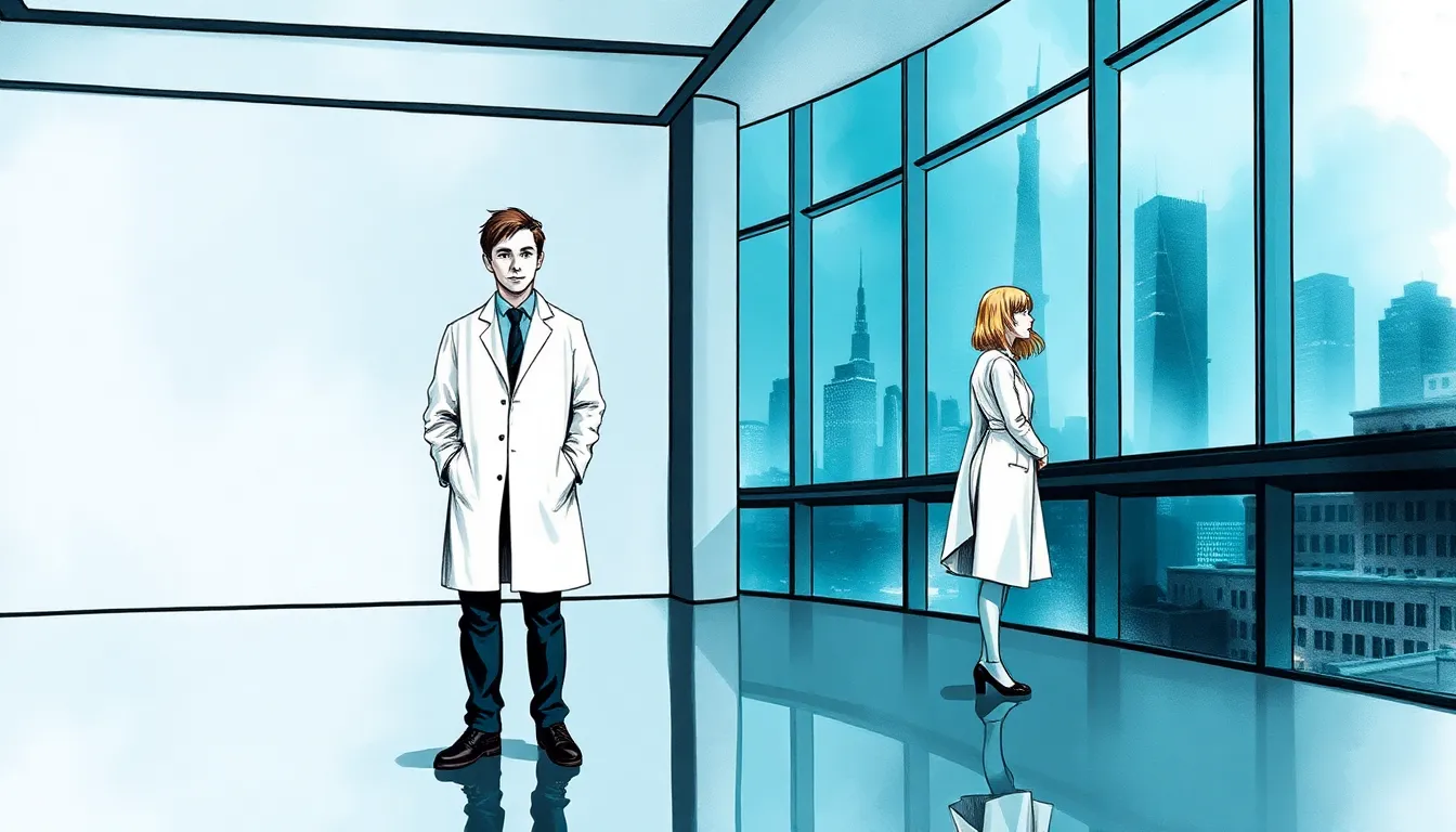 Illustration d'Adrien Morel et Clara Dubois dans le laboratoire vide, contemplant l’avenir avec sérénité
