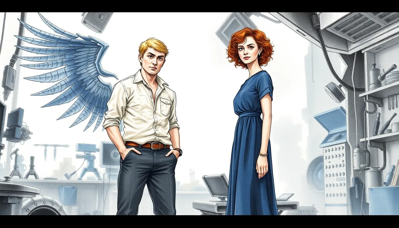 Illustration d'Alexandre Delorme et Sophie dans un atelier futuriste