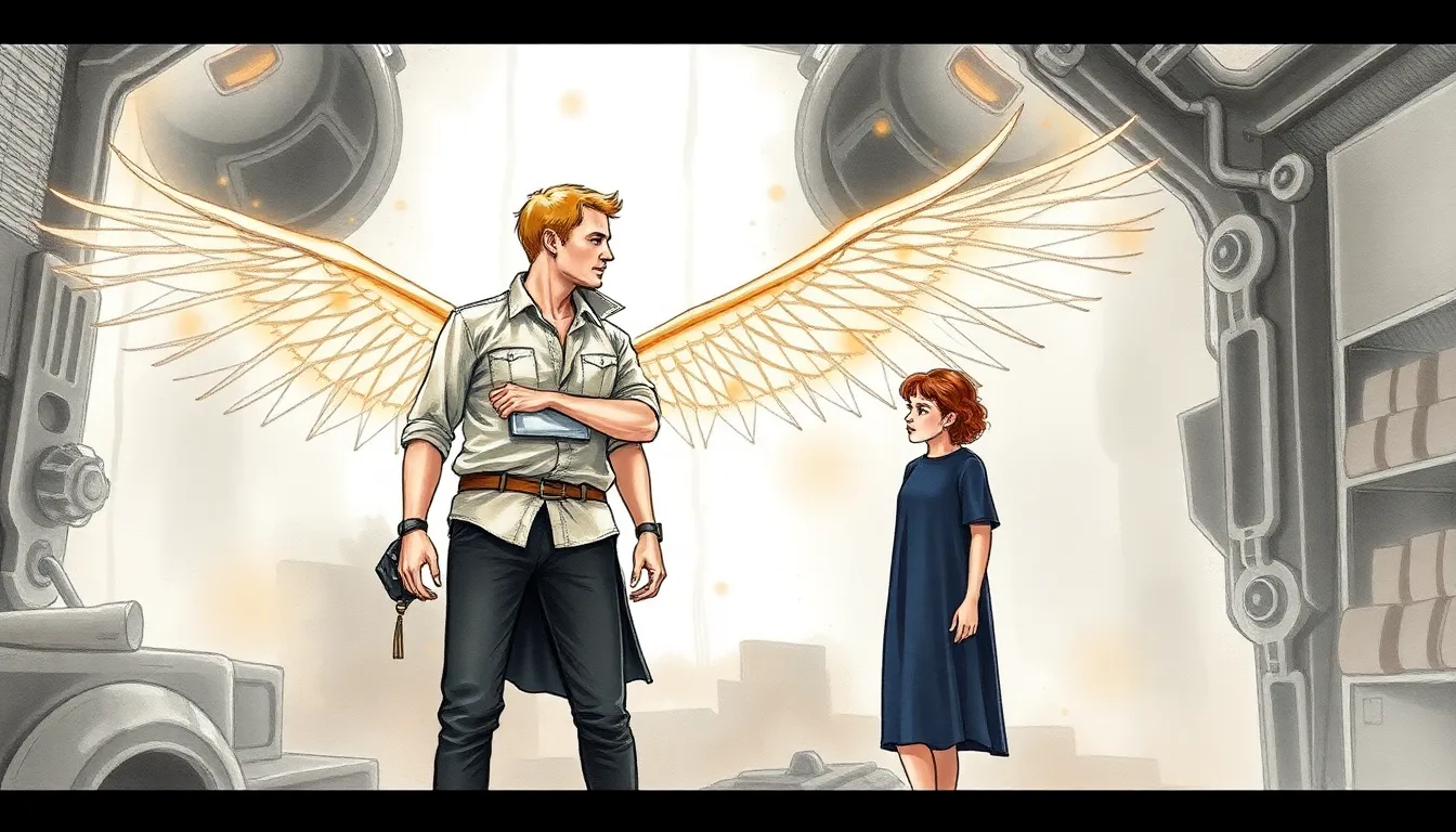 Alexandre testant les ailes temporelles sous le regard inquiet de Sophie dans un atelier futuriste